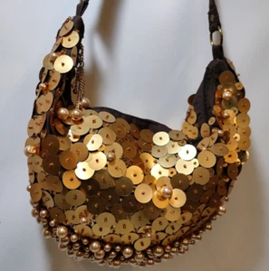 Gorgeous Embellished Handbag Gold Beads & Sequins Holiday Party Wedding - Picture 1 of 11