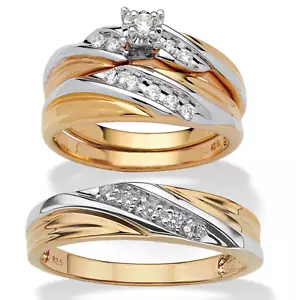 ROUND CZ WEDDING GP 3 RING SET HIS HERS 14K GOLD STERLING SILVER 6 7 8 9 10 - Picture 1 of 2