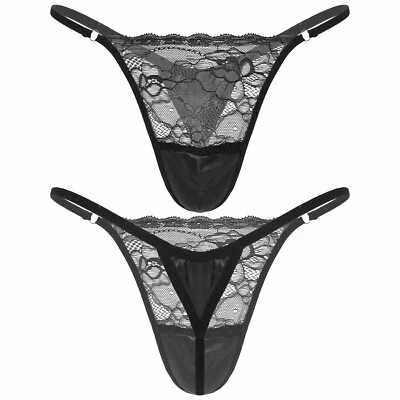 Herren Sissy G-String Panties Satin Blume Spitzen Transparent Tanga Thong Slip - Bild 1 von 2