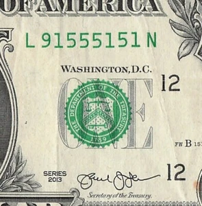 Trinary 1s 5s 9s Fancy Serial Number One Dollar Bill L91555151N - Picture 1 of 11