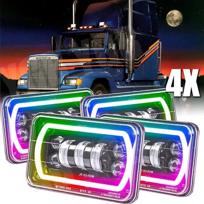 4pcs 4x6'' Led Headlights Hi-Lo DRL RGB for Peterbilt Kenworth T800 W900 FLD120 - Image 1 of 4