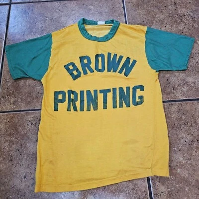 Vintage 60s Durene Shirt Two Tone Brown Printing Pee Wee Small Green Yellow  - Image 1 of 4