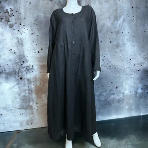 FLAX Long Linen Dress Large Black Button Up Duster Maxi Lagenlook Jacket Topper - Picture 1 of 8