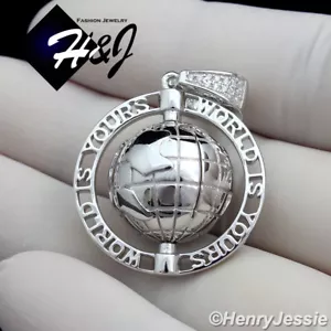 MEN 925 STERLING SILVER SILVER ICY BLING CZ "WORLD IS YOURS" GLOBE PENDANT*SP138 - Picture 1 of 3