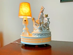 Antique small table lamp metal filigree porcelain figurine white 3-ways rare - Picture 1 of 18