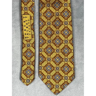 Robert Talbott Estate Silk Tie Geometric Pattern Gold Blue Brown Handsewn USA - Image 1 of 4
