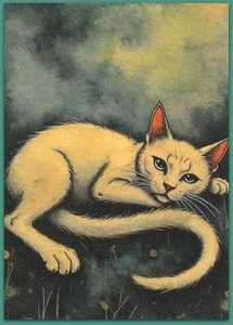 ACEO 2.5x3.5 watercolor painting - cat kitten long tail fantasy surreal - Picture 1 of 1