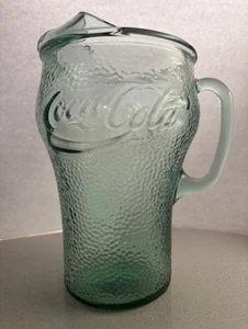 Coca Cola 64 oz Glass Pitcher with Ice Lip Green Pebbled Embossed Glass - Picture 1 of 2