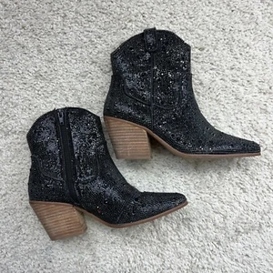 Matisse Harlow Rhinestone Pointed Toe Cowboy Booties Boots Womens 6 Black Bling - Picture 1 of 11