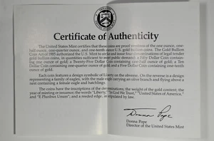 1989 US Gold American Eagle 4pc Proof Set Cert of Authenticity  - COA Only! - Picture 1 of 3