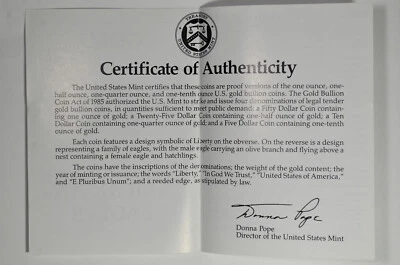 American Eagle 1989 oro de Estados Unidos conjunto de prueba de 4 piezas certificado de autenticidad - ¡solo certificado de autenticidad! Foto 1 de 3