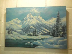 Vintage painted on canvas signed by Harden image of snowy- mountains with river - Picture 1 of 11