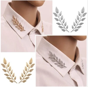 Unisex Fashion Pair Leaf Laurel Gold Collar Suit Shirt Blouse Neck Pin Brooch - Picture 1 of 4