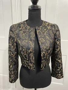 Anne Taylor Loft Jacket Size 0 Black & Gold Brocade Tapestry Bolero Crop Jacket - Picture 1 of 10