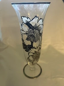 Vintage silver overlay Flanders Clear glass vase, Peony Pattern.  10.5” Tall - Picture 1 of 8