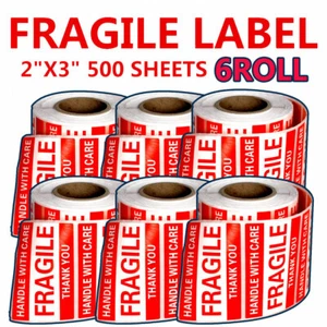 6 Roll Fragile Stickers 2x3 Handle With Care Thank You Warning Labels 500 / Rol - Picture 1 of 9