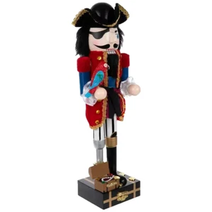 CHRISTMAS WOODEN NUTCRACKER - 15" PEG LEG PIRATE W/ TREASURE CHEST AND PARROT - Picture 1 of 1