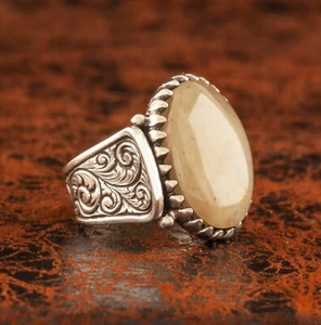 Amber ring sterling silver handmade yellow big stone amber carved silver ring - Picture 1 of 9