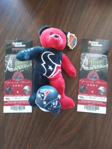 Houston Texans Lot. Bear, Antanna Helmet & Two 2002 Opening Game Ticket VS Miami Cover