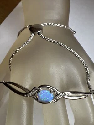 QVC Sterling Silver Opal Gemstone Tiny Diamonds Adjustable Bracelet - Image 1 of 4