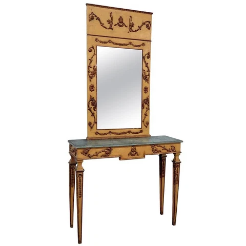 Faux Marble Italian Neoclassical Style Paint Decorated Console & Mirror Cover
