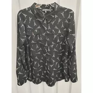 Karl Lagerfeld Blouse Eiffel Tower Paris Logo All Over Button Front XL - Picture 1 of 6