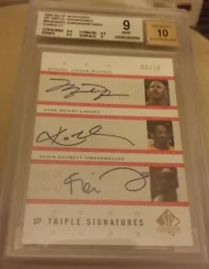 SP AUTHENTIC MICHAEL JORDAN KOBE BRYANT GARNETT TRIPLE AUTOGRAPH AUTO 6/10 BGS 9 - Picture 1 of 4