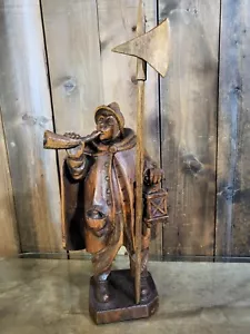 Night Watchman Art Sculpture Wood Hand Carved Medieval Warrior 22 in. - Picture 1 of 15