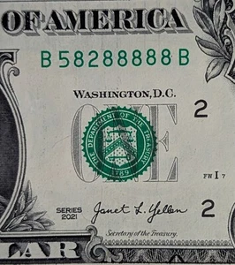 2021 $1 bill fancy serial, trailing five in a row six of a kind 8s, B 58288888 B - Picture 1 of 3