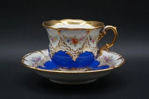 Vintage Meissen B-Form Tea Cup & Saucer German Crafted Blue/Gold w/Flowers. #1 - Picture 1 of 18