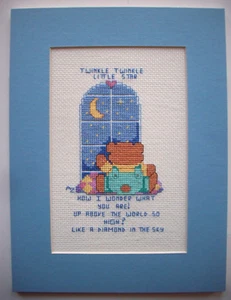 Twinkle Twinkle Little Star completed finished cross stitch bear at window - Picture 1 of 5