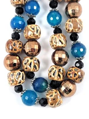 Long Beaded Necklace Blue Stone (Chalcedony?), Copper Faceted Brown Ceramic - Image 1 of 4