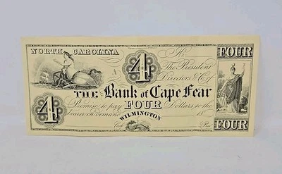 American Bank Note North Carolina 4 Dollar Bill 1800s Reprint  - Image 1 of 3
