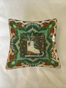 208 Park NY Glass Dish Green Floral with Ice Skate Decorative Christmas Serving - Picture 1 of 13