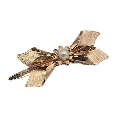 Clip de acento floral vintage de moño dorado cepillado con perla sintética retro Foto 1 de 4
