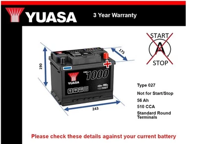 Battery fits VOLVO XC60 C30 V50 V60 XC70 S40 V40 V70 850 940 Yuasa 027 - Image 1 of 4