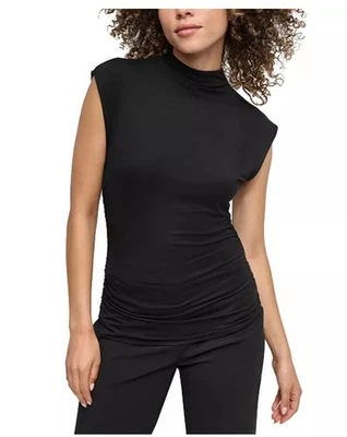 Top sin mangas Dkny para mujer negro liso fruncido cuello falso talla pequeña  Foto 1 de 4