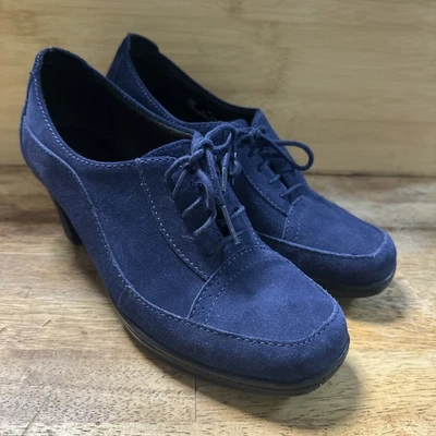 CLARKS Shoes Womens 7M Honest Q Suede Leather Oxford Booties Heel Laced Blue - Image 1 of 4