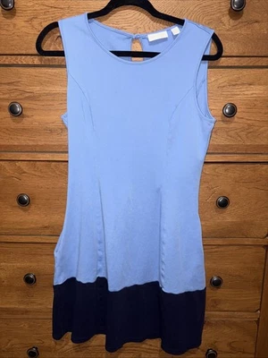 New York & Company Womens Sz M Blue Cotton Knit Fit Flare Tank Dress Pockets - Image 1 of 4
