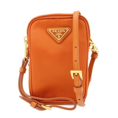 Auth PRADA Triangle Logo Leather Nylon Smartphone Case Orange 2ZT012 Used F/S - Image 1 of 4