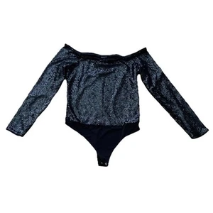 Express Women's Large Black Sequin Bodysuit Long Sleeves NWT - Picture 1 of 8