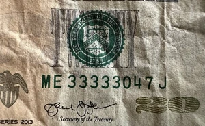 5 In a Row 3s Fancy Serial Number ME33333047 2013 $20 Twenty Dollar Bill Note - Picture 1 of 3