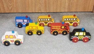 Vtg Montgomery Schoolhouse Wooden Cars Taxi Fire Dept Chief Ambulance Bus Taxi - Picture 1 of 10