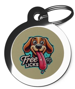 Pet ID tag FREE LICKS  Cartoon Dog Personalised tag or Keyring 2 sizes - Picture 1 of 3