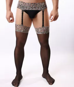 Hombres Sexy Tirantes Pantimedias Correas Medias Altas Estampado Leopardo Ropa Interior - Imagen 1 de 4