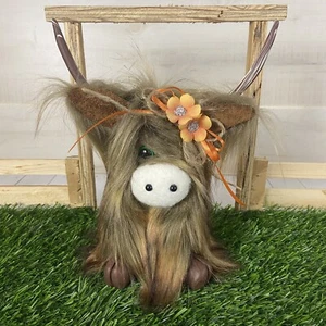 Highland Cow Coo Gnome Multicolor Rust Brown Handmade Orange Flower Jute Bow Dec - Picture 1 of 13