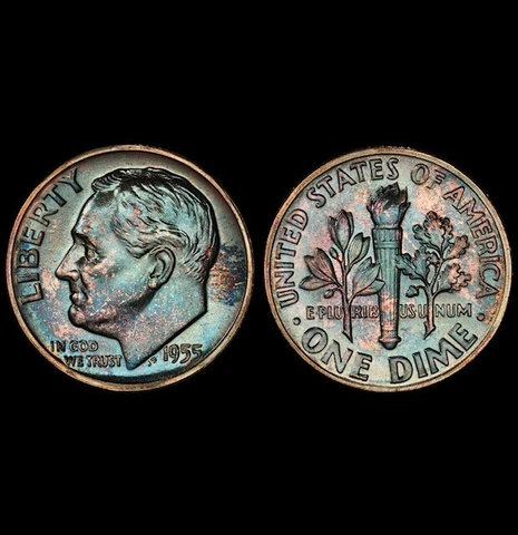 PR67 1955 10C Roosevelt Silver Proof Dime, PCGS Secure- Rainbow Toned Cover