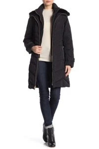 Cole Haan 165000 Women's Belted Faux Fur Hood Black Coat Size Large - Picture 1 of 3