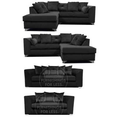 Victoria Black Corner Sofa Plush Velvet 3 Seater 2 Seater 3 & 2 Seater Set NEW