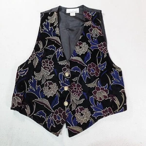 Vintage Lisa Josephs Vest Womens Medium Black Floral Embroidered Outdoor V Neck - Picture 1 of 14
